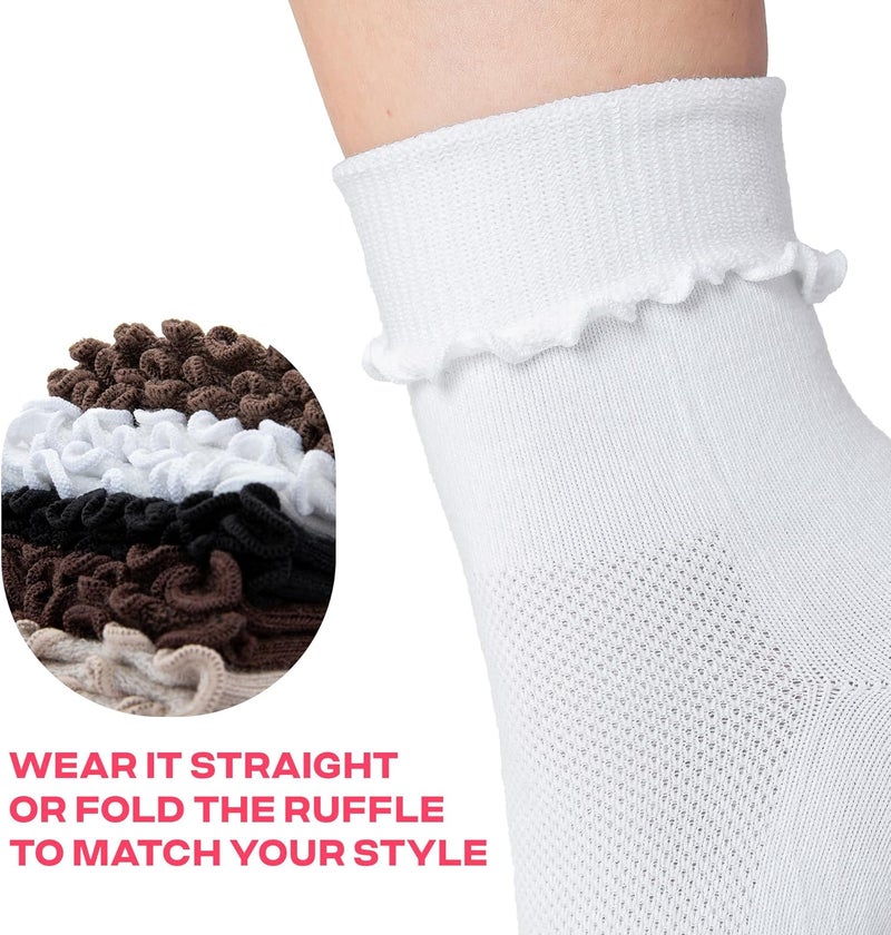 CoolMate Store 3 Pairs Womens Ruffle Socks, Cute Cotton Blend Crew Socks, Turn-Cuff Frilly Ankle Socks for Women - Image 3